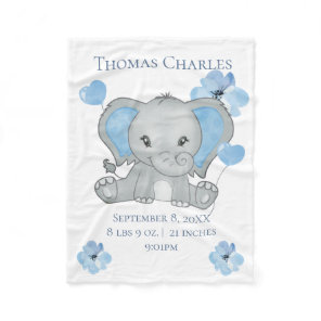 Personalized Birth Stats Elephant Blue Gray Baby Fleece Blanket