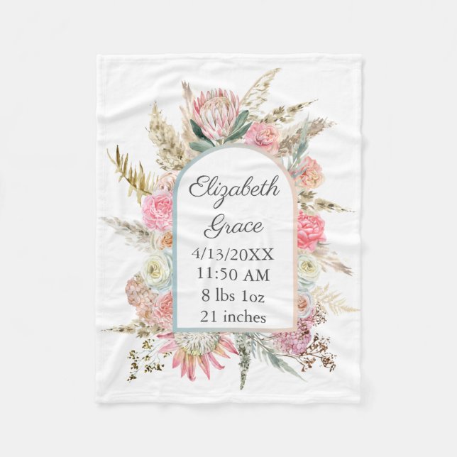  Personalized Birth Stats Pink Floral Boho Baby  Fleece Blanket (Front)