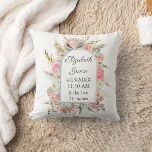 Personalized Birth Stats Pink Floral Boho Baby Throw Pillow