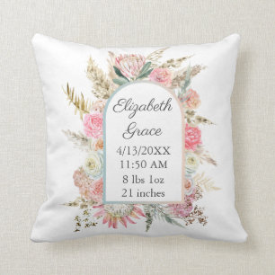 Personalized Birth Stats Pink Floral Boho Baby Throw Pillow