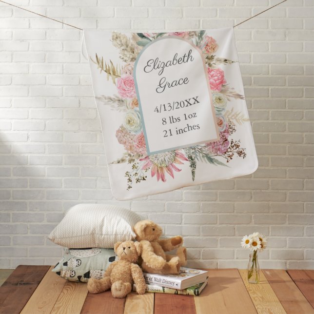  Personalized Birth Stats Pink Floral White Baby Blanket (In Situ)