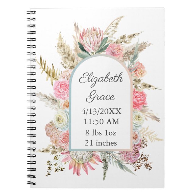  Personalized Birth Stats Pink Floral White Baby  Notebook (Front)