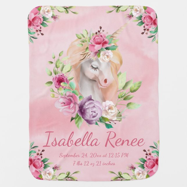 Personalized Birth Stats Unicorn Receiving Baby Blanket (Front)