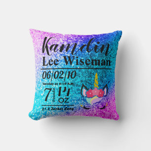 Personalized Birth Unicorn Ombre Glitter Pillow