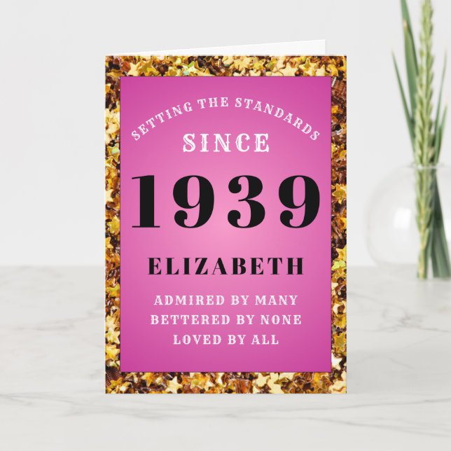 Personalized Birthda 1939 Girly Pink Gold Glitter Card (Front)