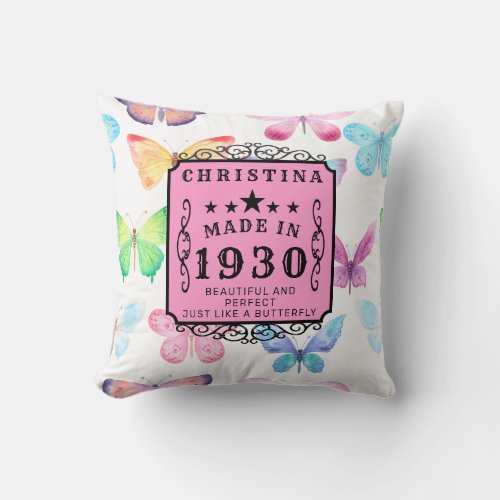 Personalized Birthday 1930 Butterfly Add Name Pink Throw Pillow