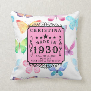 Personalized Birthday 1930 Butterfly Pink Add Name Throw Pillow