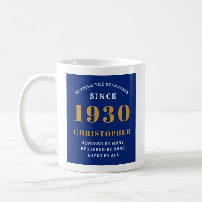 Personalized Birthday 1930 Elegant Blue Gold Name Coffee Mug (Left)