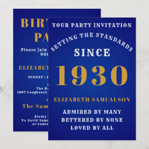 Personalized Birthday 1930 Elegant Blue Gold White Invitation