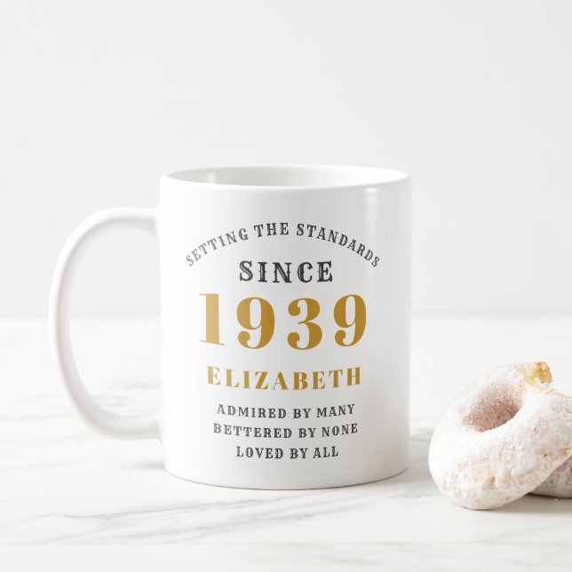 Personalized Birthday 1939 Elegant Name Gold Grey Coffee Mug (With Donut)