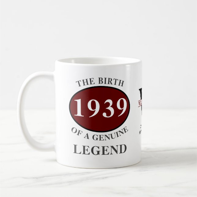 Personalized Birthday 1939 Monogram Legend Elegant Coffee Mug (Left)