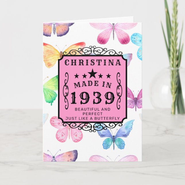 Personalized Birthday 1939 Pink Elegant Butterfly Card (Front)