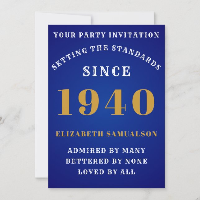 Personalized Birthday 1940 Add Your Name Blue Gold Invitation (Front)