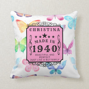 Personalized Birthday 1940 Butterfly Add Your Name Throw Pillow