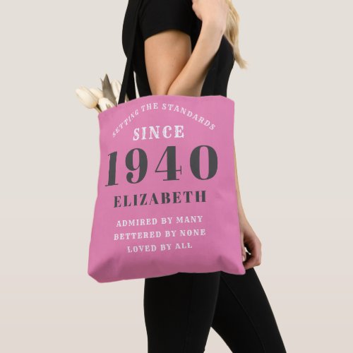 Personalized Birthday 1940 Name Grey Pink Girly Tote Bag