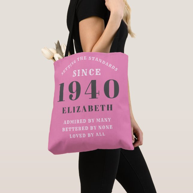 Personalized Birthday 1940 Name Grey Pink Girly Tote Bag (Close Up)