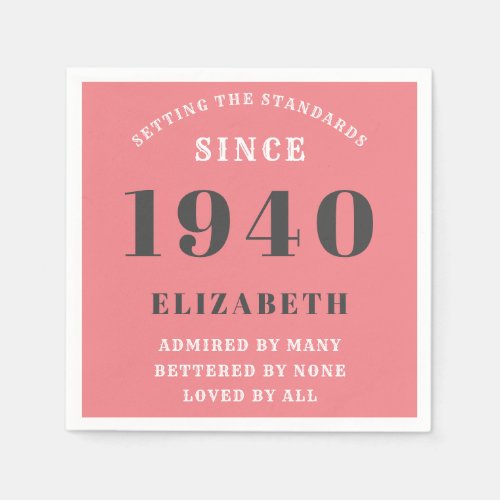 Personalized Birthday 1940 Pink Grey Add Name Chic Napkins