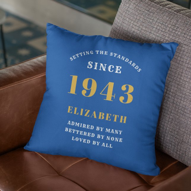 Personalized Birthday 1943 Add Your Name Blue Gold Throw Pillow (Creator Uploaded)