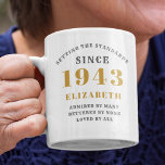Personalized Birthday 1943 Add Your Name Elegant Coffee Mug<br><div class="desc">Celebrate an 80th birthday in style with this Personalized 80th Birthday 1943 Add Your Name Elegant Coffee Mug. This custom design features a chic gold and grey color palette, an elegant 1943 design, and space for you to add your name. Sip your favorite hot beverage in style and commemorate this...</div>
