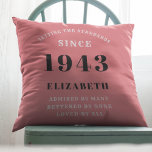 Personalized Birthday 1943 Pink Girly Elegant Chic Throw Pillow<br><div class="desc">Celebrate a milestone birthday in style with our personalized 80th Birthday Throw Pillow. This chic and elegant pillow features a custom pink and grey design, perfect for adding a touch of glamour to any bedroom or living space. Personalize it with the name of the birthday girl or boy, plus their...</div>