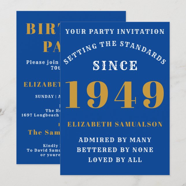 Personalized Birthday 1949 Add Name Blue Gold Chic Invitation (Front/Back)