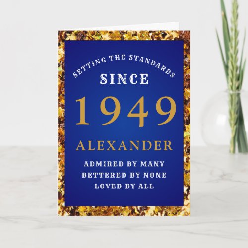 Personalized Birthday 1949 Chic Blue Gold Glitter Card