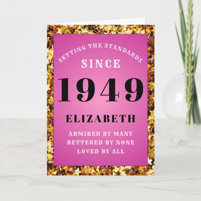 Personalized Birthday 1949 Pink Gold Glitter Girly Card (Front)