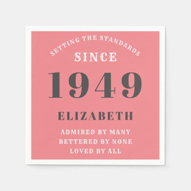 Personalized Birthday 1949 Pink Grey Elegant Chic Napkins (Front)