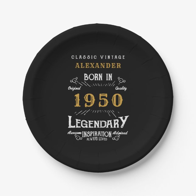 Personalized Birthday 1950 Black Gold Legendary Paper Plates (Front)