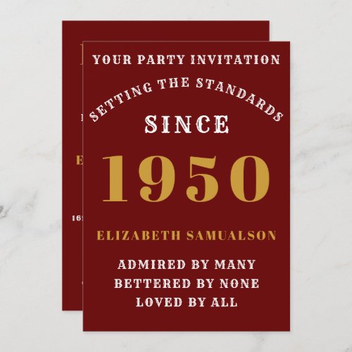 Personalized Birthday 1950  Elegant Chic Red Gold Invitation