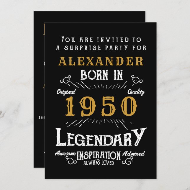 Personalized Birthday 1950Black Gold Retro Legend Invitation (Front/Back)