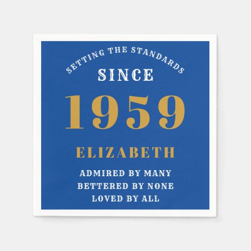 Personalized Birthday 1959 Blue Gold Elegant Chic Napkins