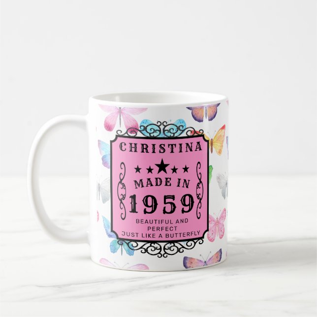 Personalized Birthday 1959 Butterflies Pink Cute  Coffee Mug (Left)