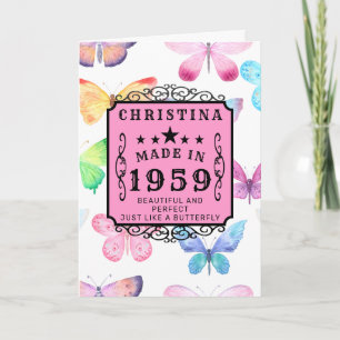 Personalized Birthday 1959 Girly Pink Butterfly Card