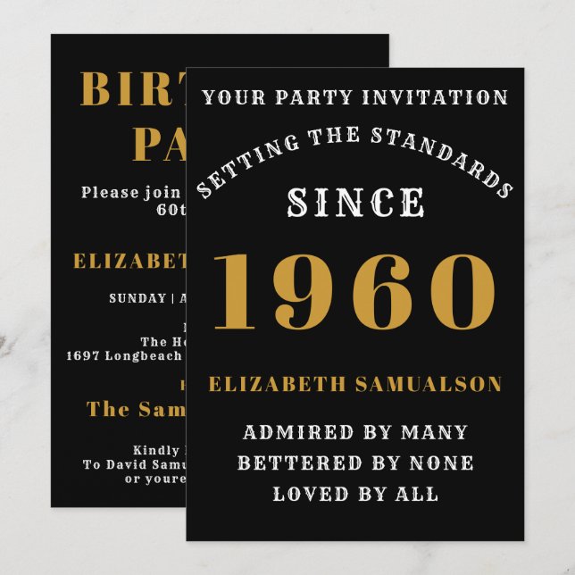 Personalized Birthday 1960 Add Your Name Black Invitation (Front/Back)
