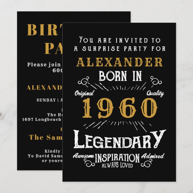 Personalized Birthday 1960 Black Gold Retro Chic Invitation (Front/Back)
