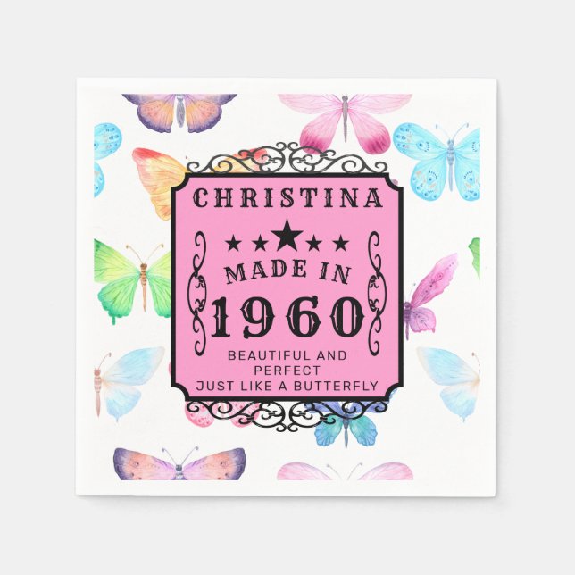 Personalized Birthday 1960 Butterfly Add Your Name Napkins (Front)