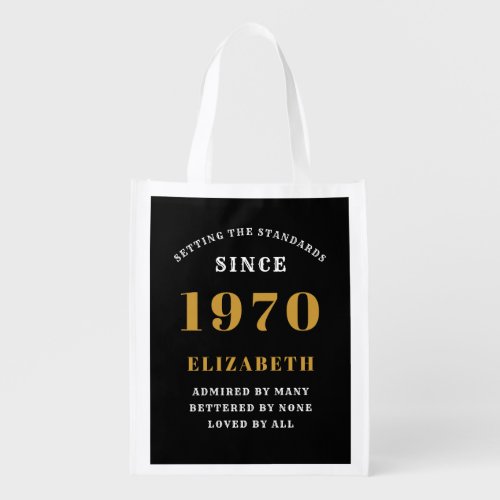Personalized Birthday 1970 Add Name Black Gold Grocery Bag