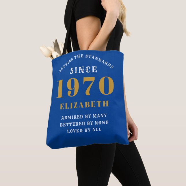 Personalized Birthday 1970 Add Your Name Blue Gold Tote Bag (Close Up)