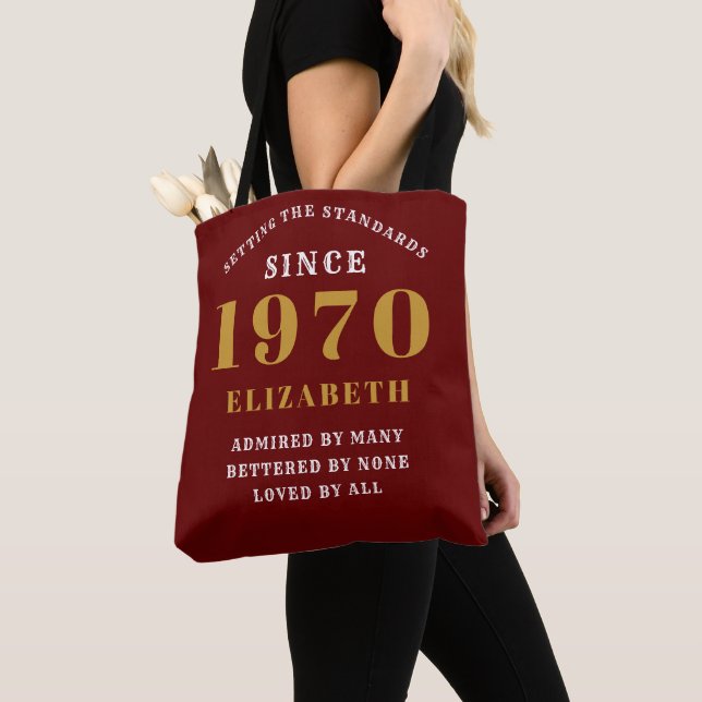 Personalized Birthday 1970 Add Your Name Burgundy Tote Bag (Close Up)