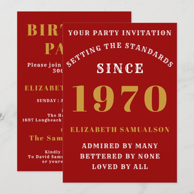 Personalized Birthday 1970 Easy to Edit Red Gold Invitation (Front/Back)