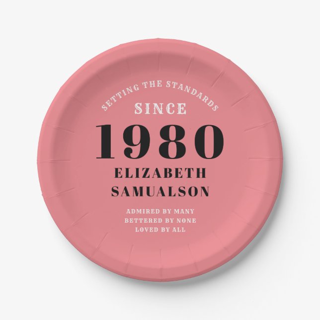 Personalized Birthday 1980 Pink Setting Standards Paper Plates (Front)