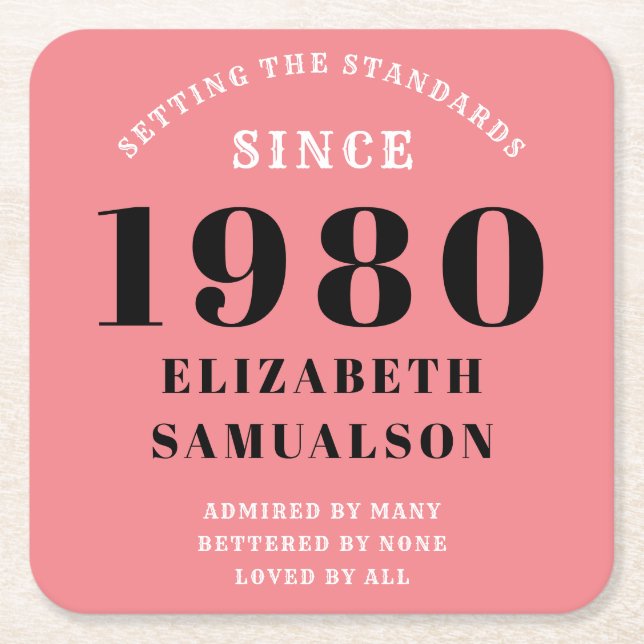 Personalized Birthday 1980 Pink Setting Standards Square Paper Coaster (Front)