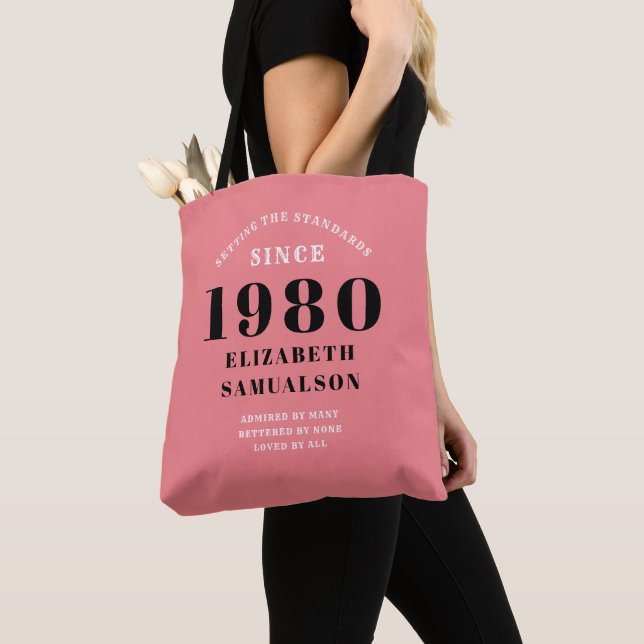 Personalized Birthday 1980 Pink Setting Standards Tote Bag (Close Up)