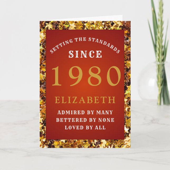 Personalized Birthday 1980 Red Gold Add Your Name Card (Front)