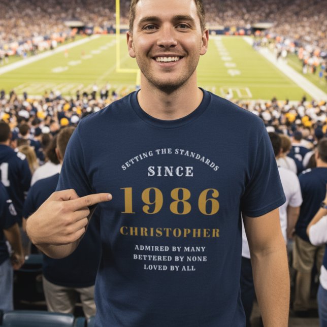Personalized Birthday 1986 Add Your Name Blue Gold T-Shirt (1986 Blue tshirt worn by a man at a football match
)