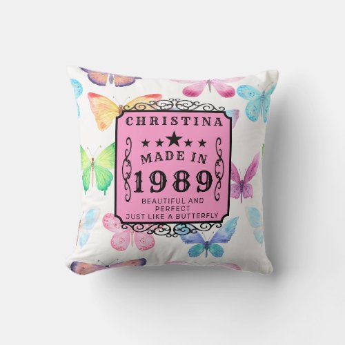 Personalized Birthday 1989 Butterfly Add Your Name Throw Pillow
