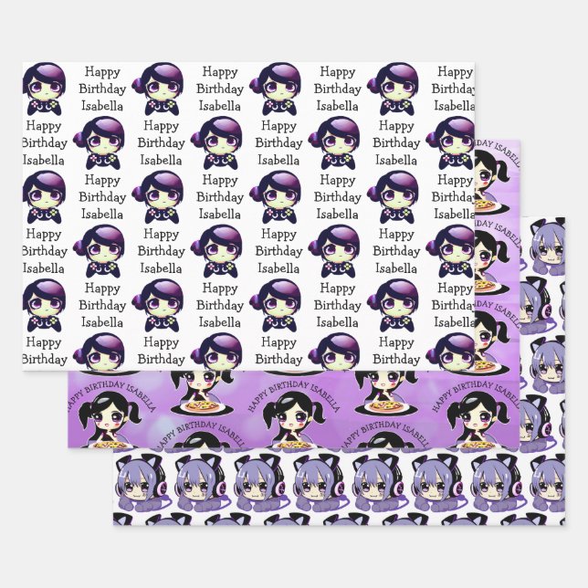 Personalized Birthday Anime Gaming and Pizza Party Wrapping Paper Sheets (Set)
