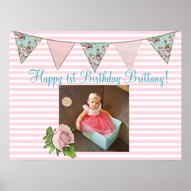 Personalized  Birthday Banner for1st Birthday Girl Poster (Front)