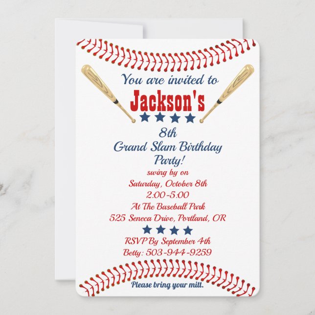 Personalized Birthday Baseball Theme Invitation (Front)